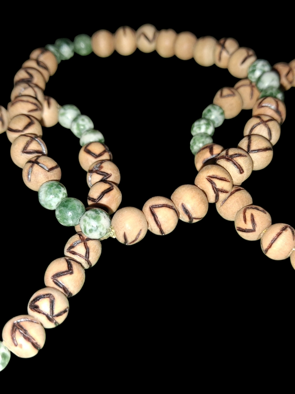 Handcrafted 8mm Wood Rune Bracelet With Genuine Moss Agate